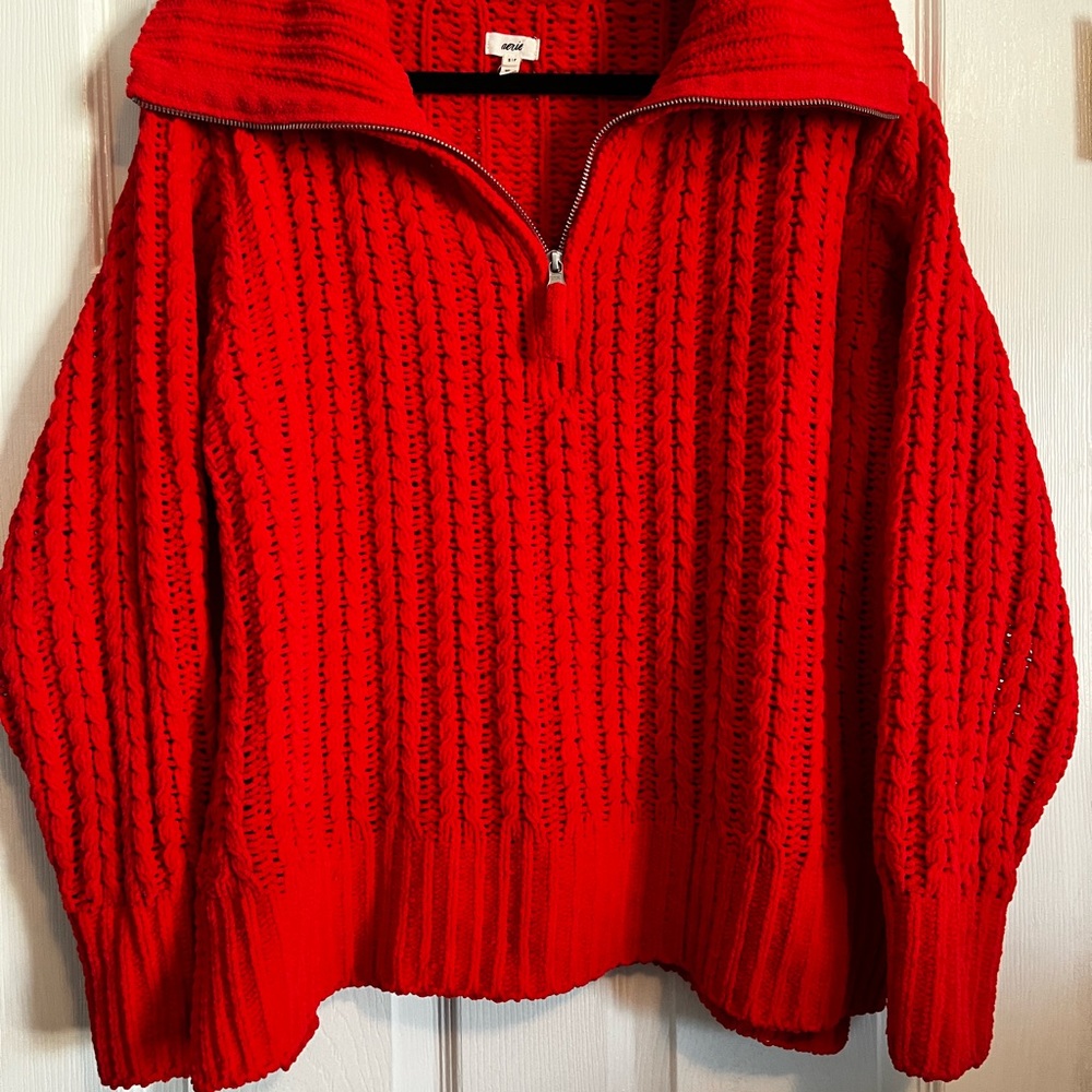 Aerie Cable Car Sweater Womens S Red 1/4 Zip Mock Neck Oversized Balloon Sleeve